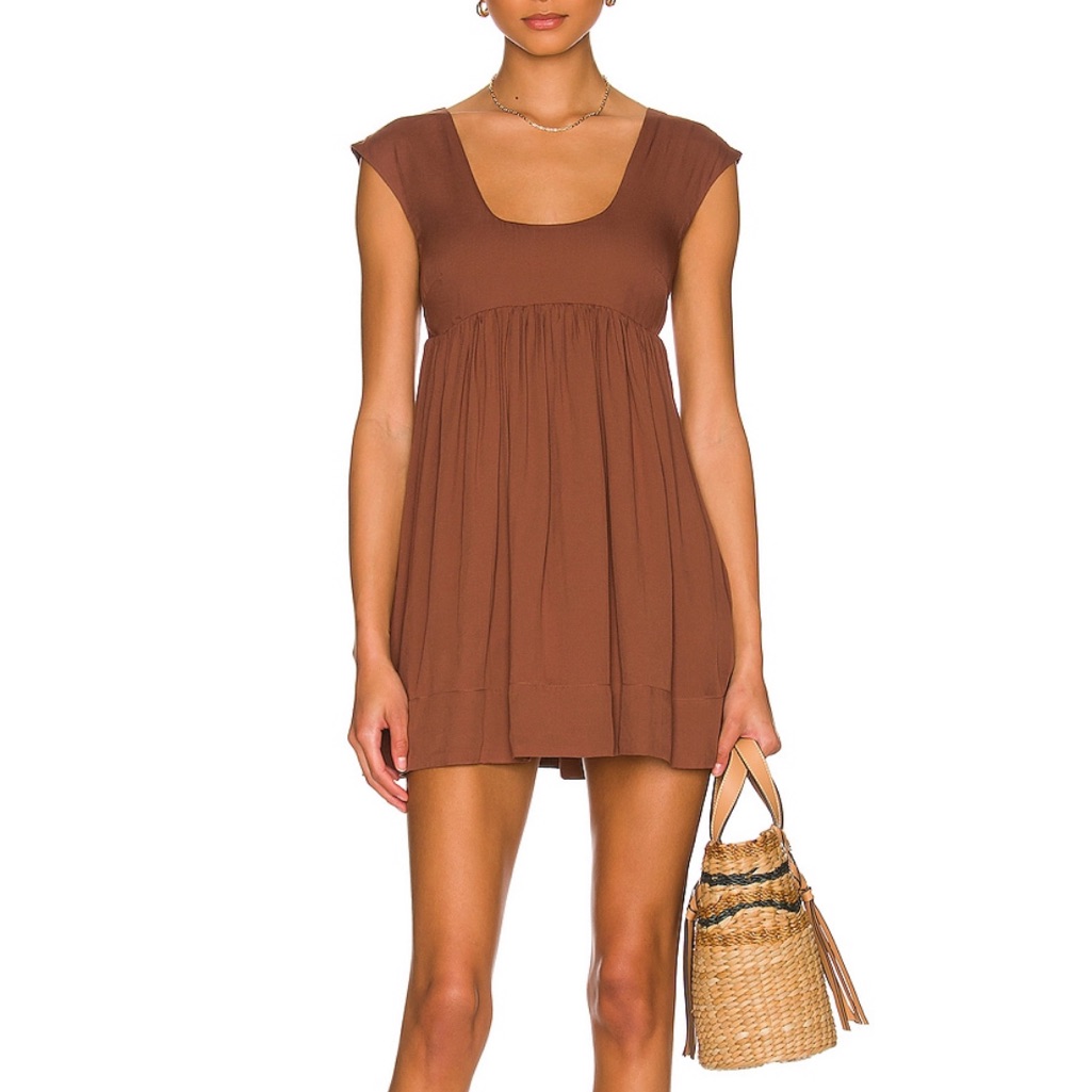 Anna Nata Brown Babydoll Mini Dress Empire Waist Cap Sleeve Pockets Small New